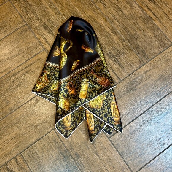Vintage Black Baroque Square Scarf with Egyptian Urns and Vessels - Picture 3 of 8